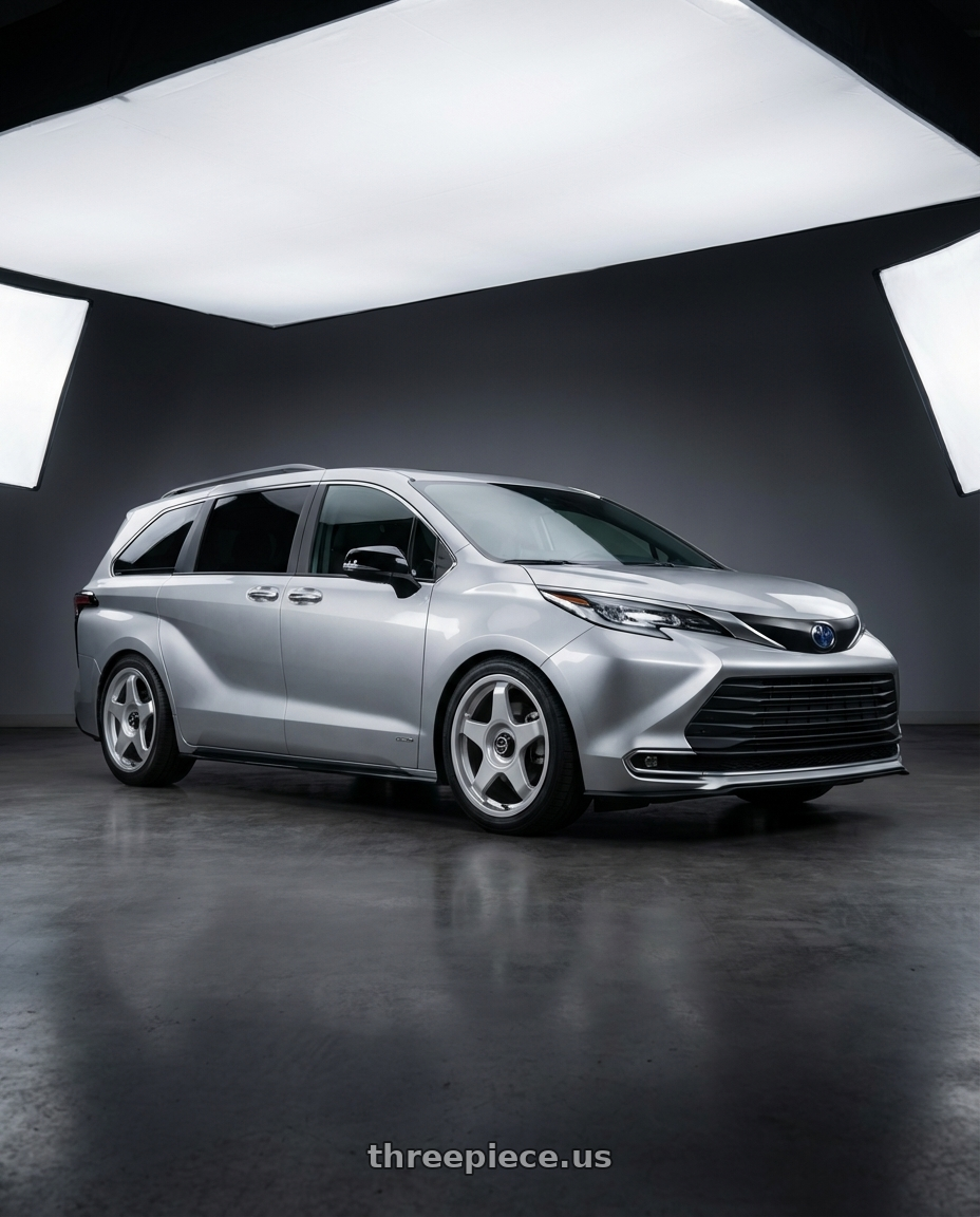 2022 Toyota Sienna XSE with fifteen52 CHICANE 5x114.3 / 5x120 19x8.5 +35 SPEED SILVER (GLOSS SILVER) wheels front three quarter view lowered stance