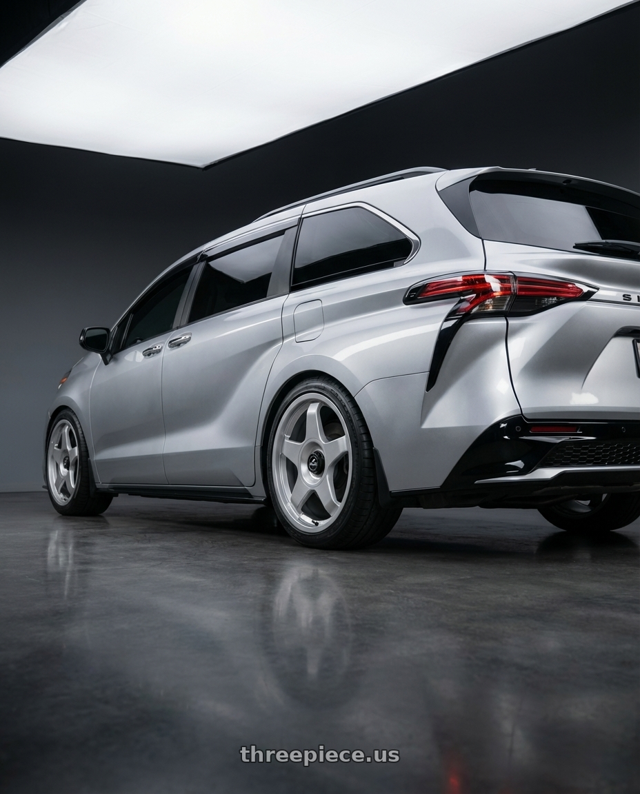 2022 Toyota Sienna XSE with fifteen52 CHICANE 5x114.3 / 5x120 19x8.5 +35 SPEED SILVER (GLOSS SILVER) wheels rear three quarter view square tires