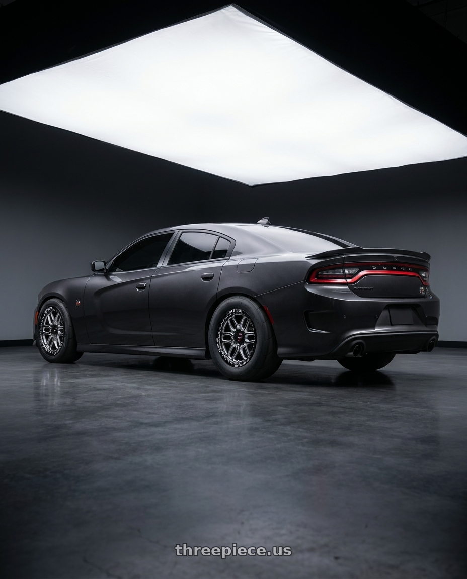 2019 Scatpack chager with WELD Street Performance Laguna 6 Beadlock 6x127 20x9.5 +35 Gloss Black/Milled Diamond Cut Lip wheels rear three quarter view excessive tires