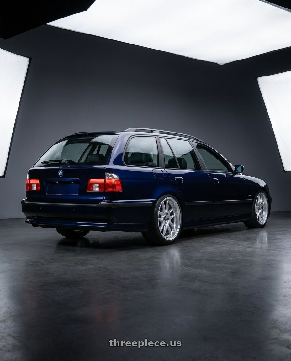 1999 BMW e39 with ESR Wheels APEX SERIES AP8 5x120 18x9.5 +22 Hyper Silver wheels rear three quarter view square tires