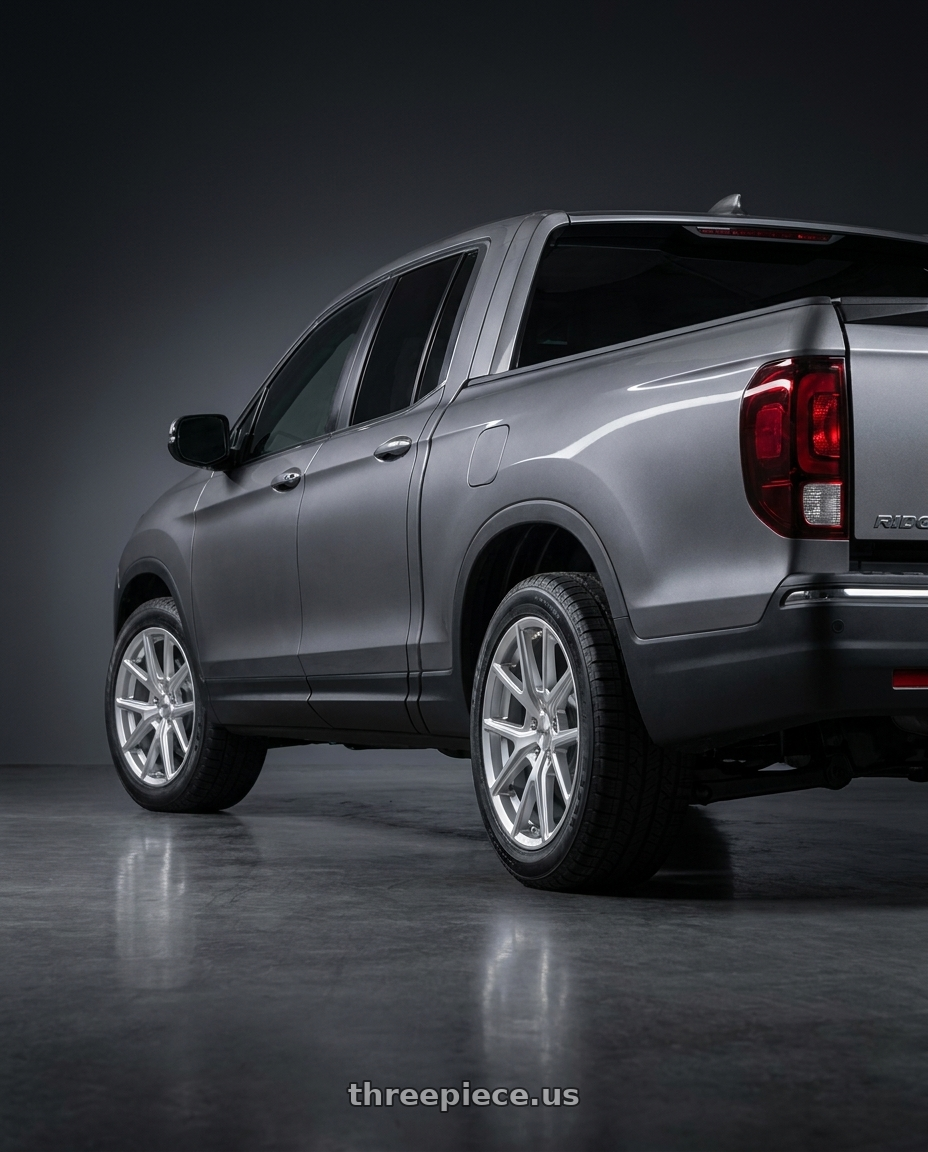 2021 Honda Ridgeline Sport with American Racing AR943 5X120 18X8 +35 HYPER SILVER wheels rear three quarter view square tires