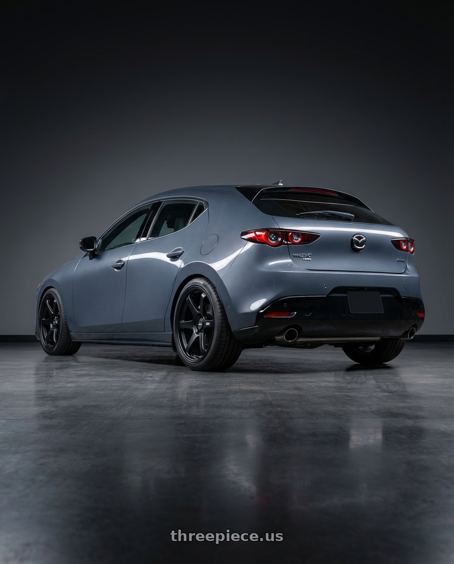 2023 Mazda Mazda3 Turbo with ESR Wheels APEX SERIES AP6 5x114.3 18x9.5 +22 Matte Black wheels rear three quarter view square tires