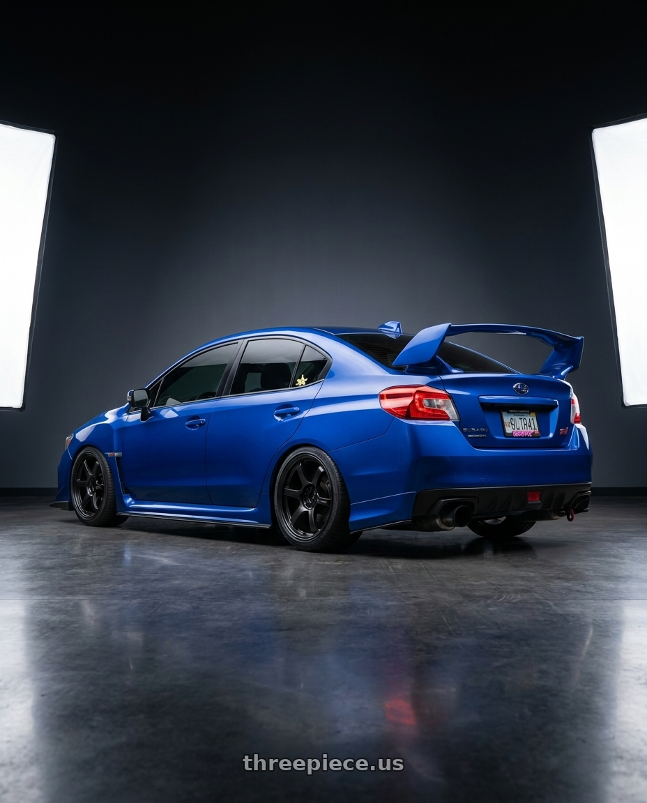 2017 Subaru wrx sti with Gram Lights 57DR 5x114.3 18x9.5+38 Semi Gloss Black wheels rear three quarter view square tires