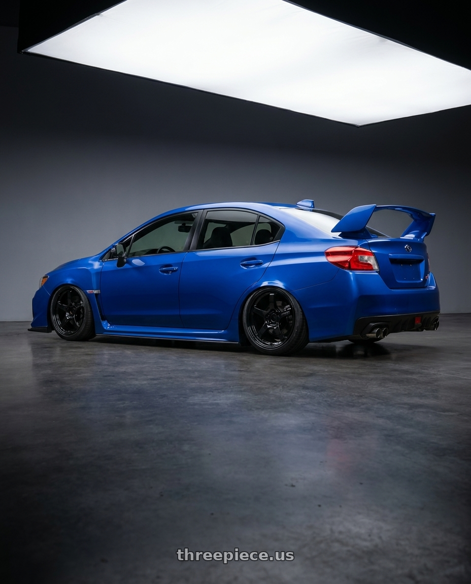 2018 Subaru WRX STI with Gram Lights 57CR 5x114.3 18x10.5+12 Glossy Black wheels rear three quarter view slight stretch tires
