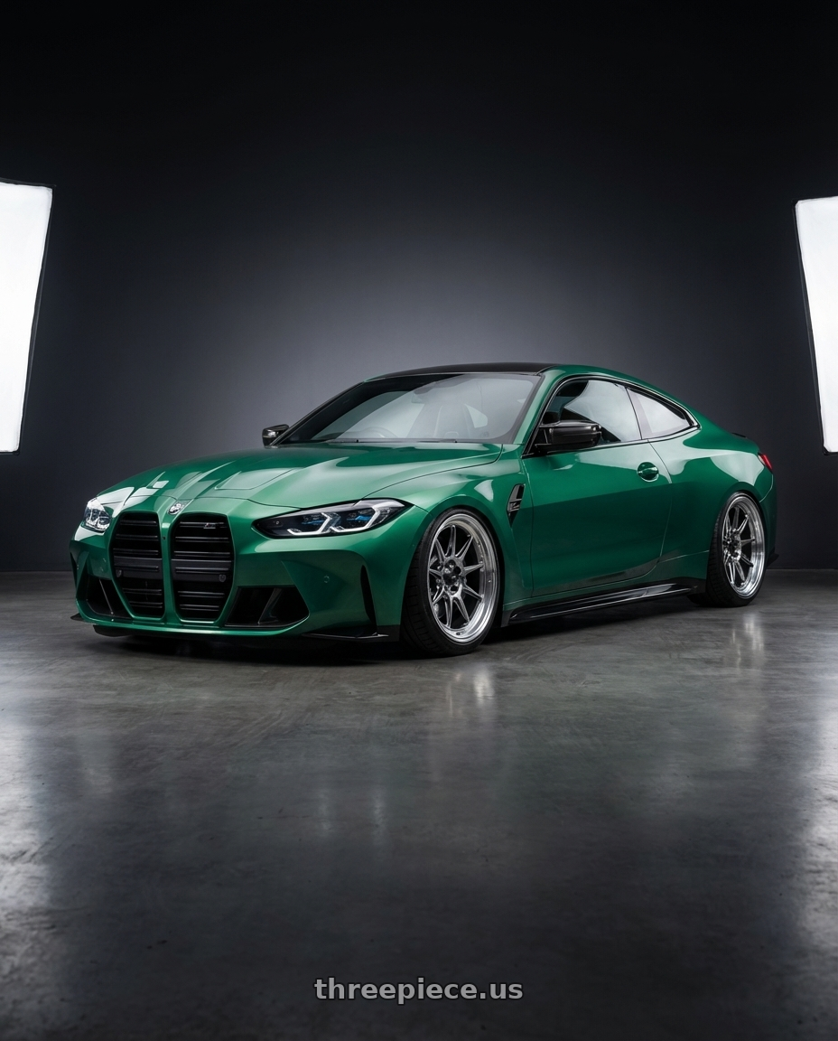 2024 BMW M4 G82 with Konig Countergram 5x112 19x8.5+43 Hyper Chrome / Machined Lip wheels front three quarter view stanced stance