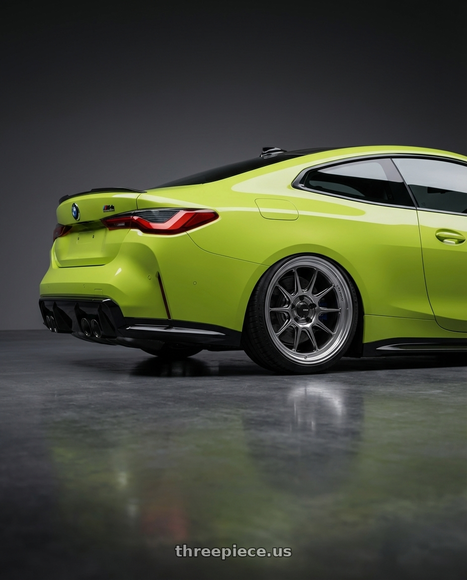 2024 BMW M4 G82 with Konig Countergram 5x112 19x8.5+43 Hyper Chrome / Machined Lip wheels rear three quarter view slight stretch tires