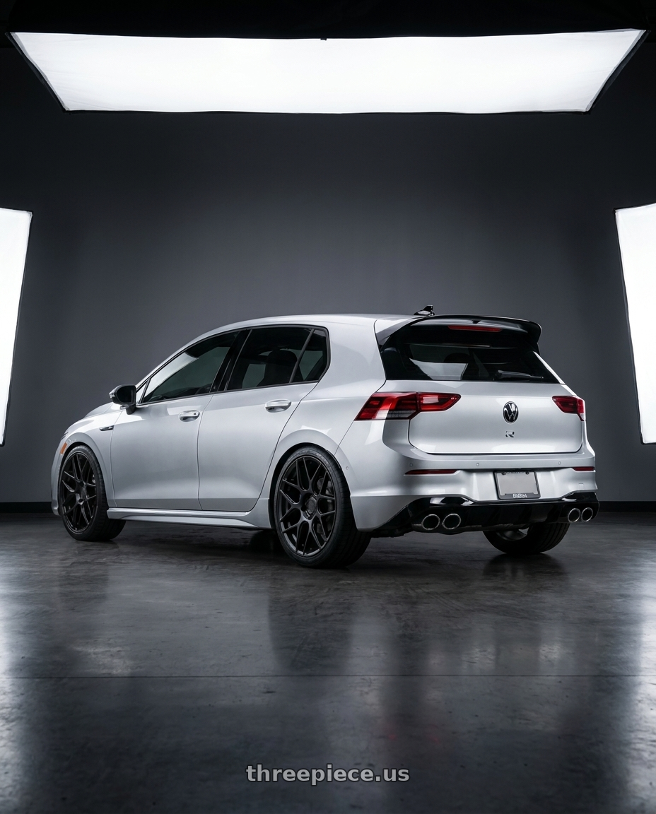 2024 Volkswagen Golf R MK8 with Aodhan AFF2 5x112 19x8.5+35 Matte Black wheels rear three quarter view square tires