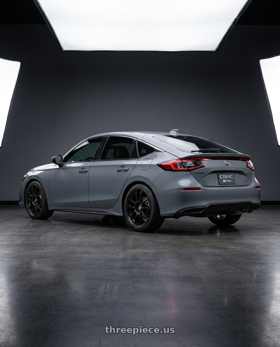2025 honda civic e:hev with Enkei PF01 5x100 18x8.5+48 Black wheels rear three quarter view square tires