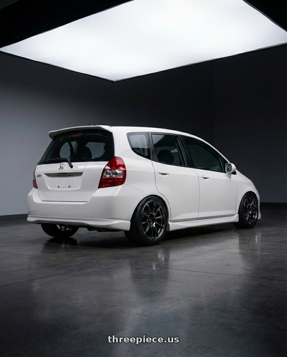 2007 Honda fit  with Advan Racing RSIII 5x114.3 19x8.0 +45 BLACK CHROME wheels rear three quarter view meaty tires