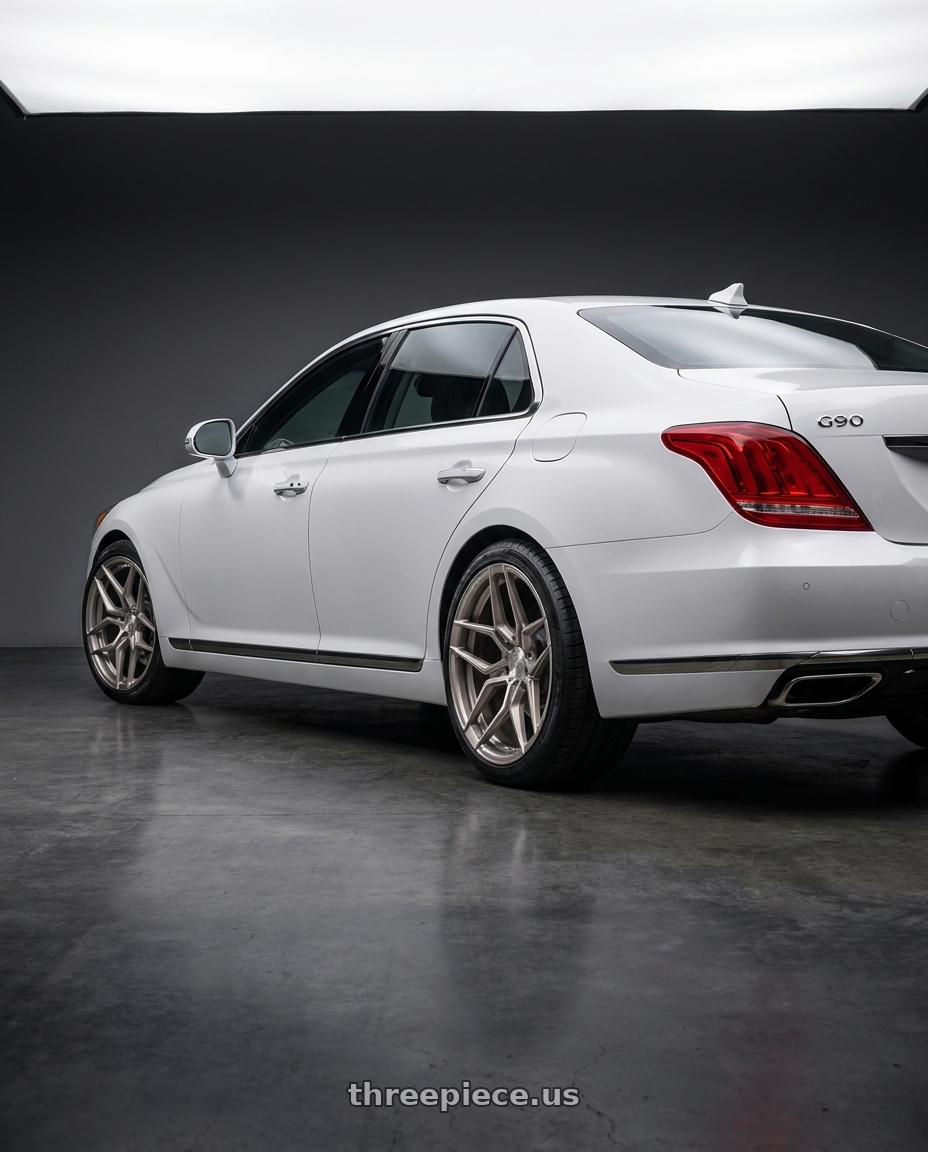 2018 genesis g90 ultimate with Rohana RFX11 5x114.3 20x9+35 Brushed Titanium wheels rear three quarter view square tires