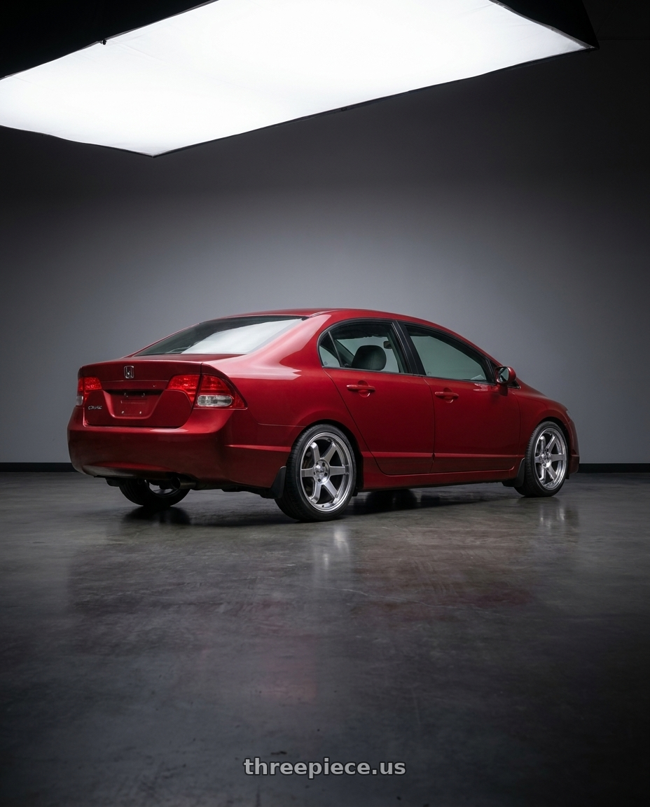 2008 Honda civic with F1R F106 5x114.3 17x8 +35 Hyper Black wheels rear three quarter view square tires