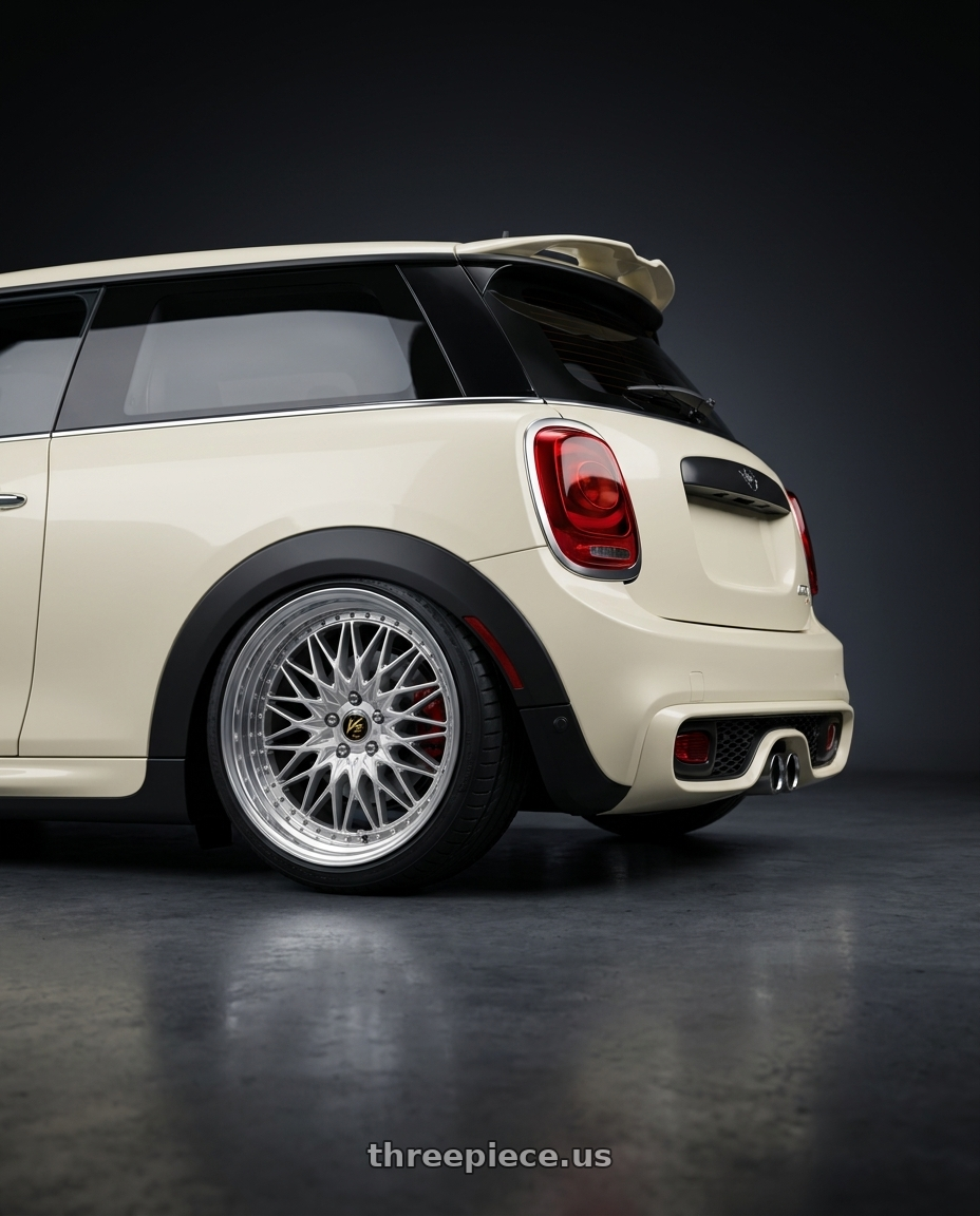 2017 mini cooper with Work Vs-Xv 5x112 18x7.5+40 O Disk Silky Rich Silver wheels rear three quarter view square tires