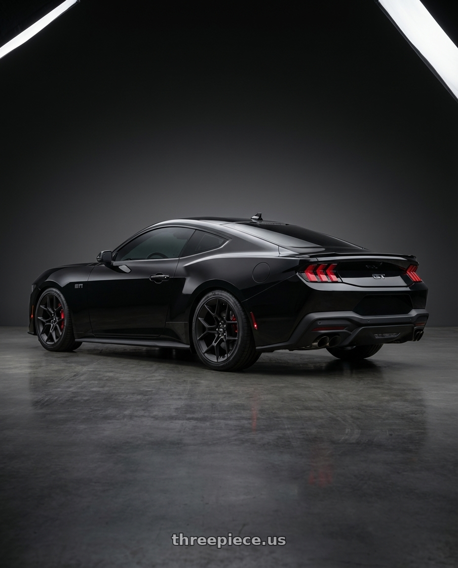 2025 Ford Mustang GT Premium Performance Package; Shadow Black with RTR 854SB AERO 5 Mustang 5x114.3 20x8.5 +30 Satin Black wheels rear three quarter view square tires