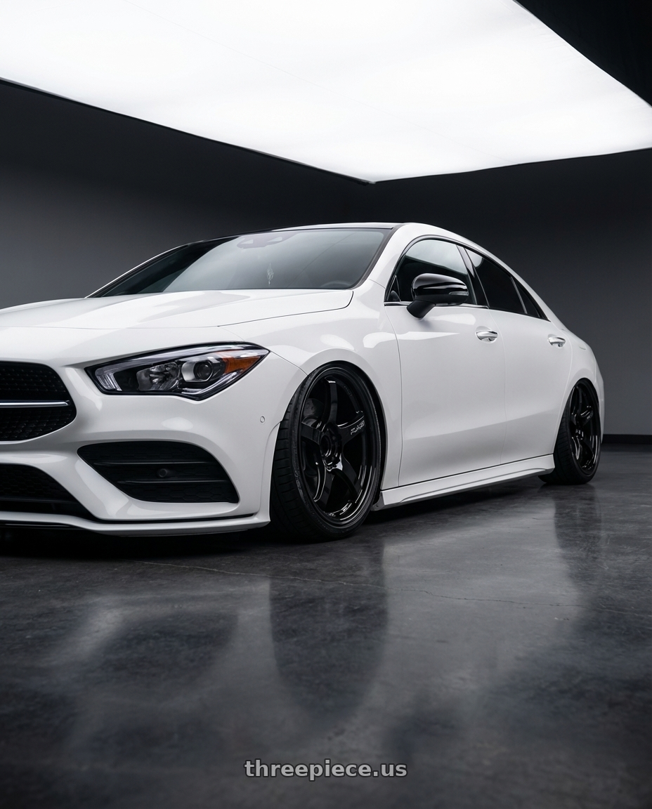 2023 Mercedes-Benz CLA C118 with Gram Lights 57CR 5x112 19x10.5+35 Glossy Black wheels front three quarter view stanced stance