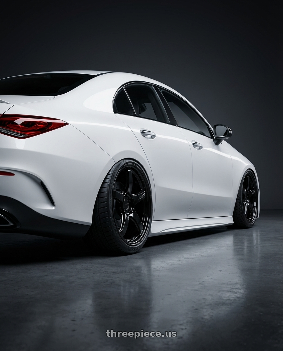 2023 Mercedes-Benz CLA C118 with Gram Lights 57CR 5x112 19x10.5+35 Glossy Black wheels rear three quarter view slight stretch tires