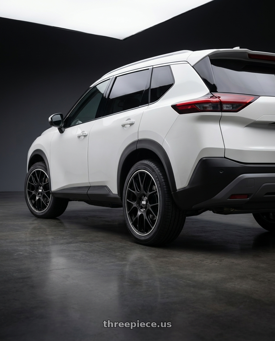 Nissan Rogue 2026 with BBS CH-R 5x114.3 19x8 +38 Satin Black Polished Rim Protector wheels rear three quarter view square tires