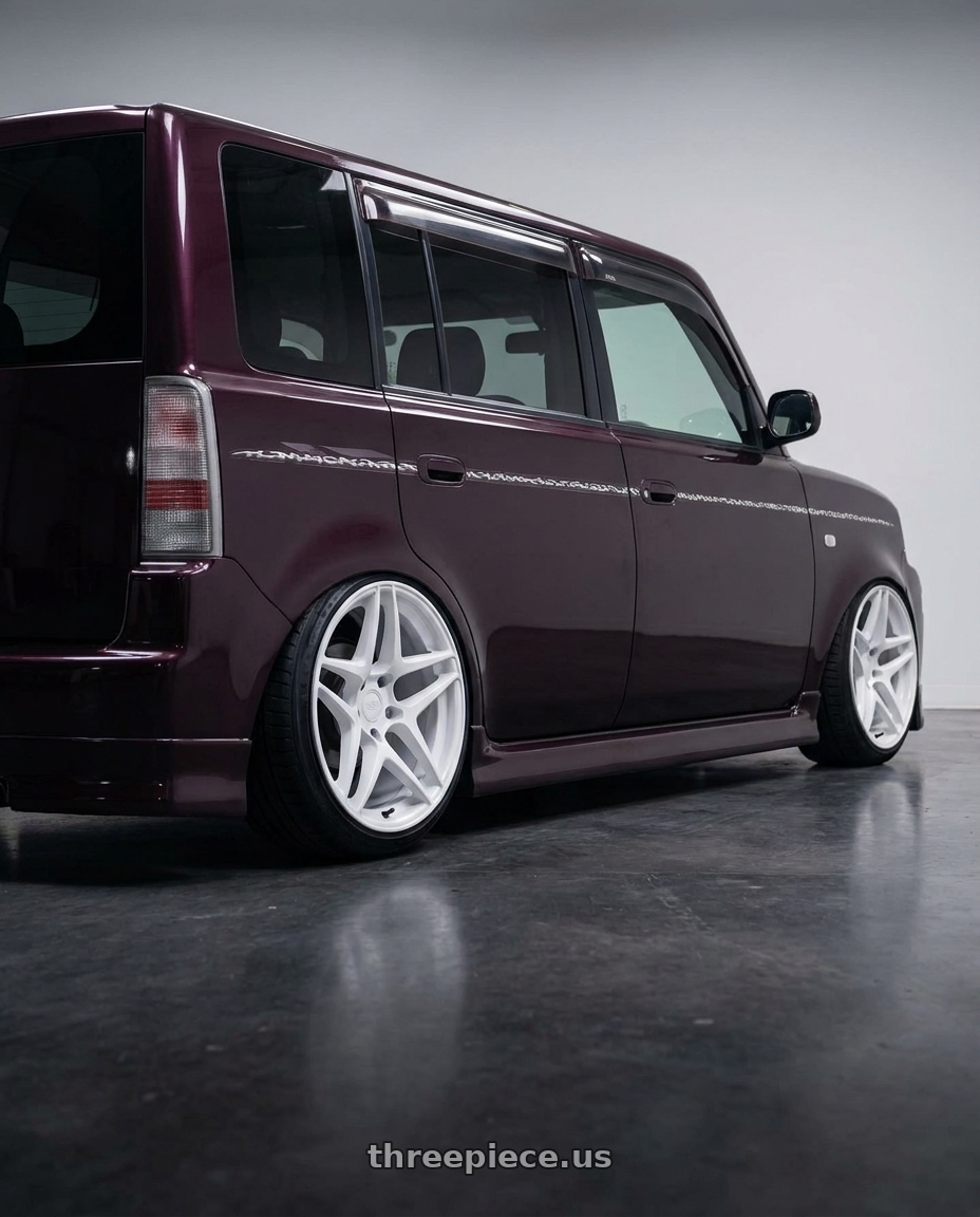 2001 TOYOTA BB with Kansei K15W Astro 5X120 18x9 22 Gloss White wheels rear three quarter view slight stretch tires