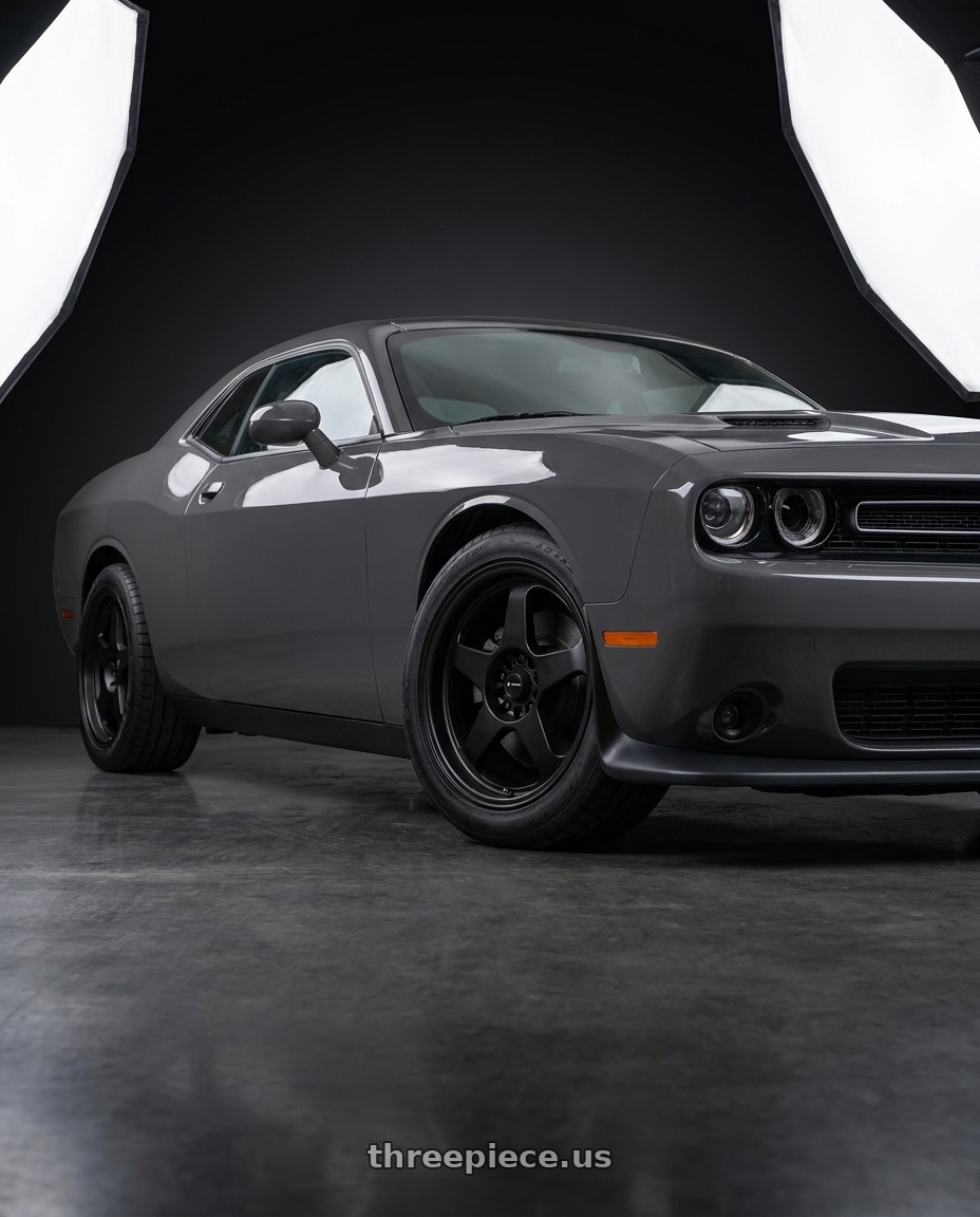 2018 Dodge Challenger SXT Plus with Vors SP1 5x115 18x8  +35 All Matte Black wheels front three quarter view stock stance