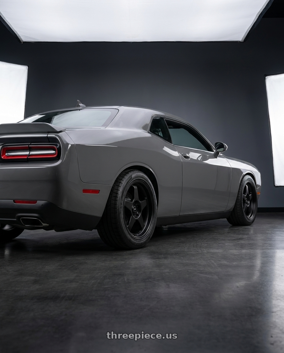 2018 Dodge Challenger SXT Plus with Vors SP1 5x115 18x8  +35 All Matte Black wheels rear three quarter view meaty tires