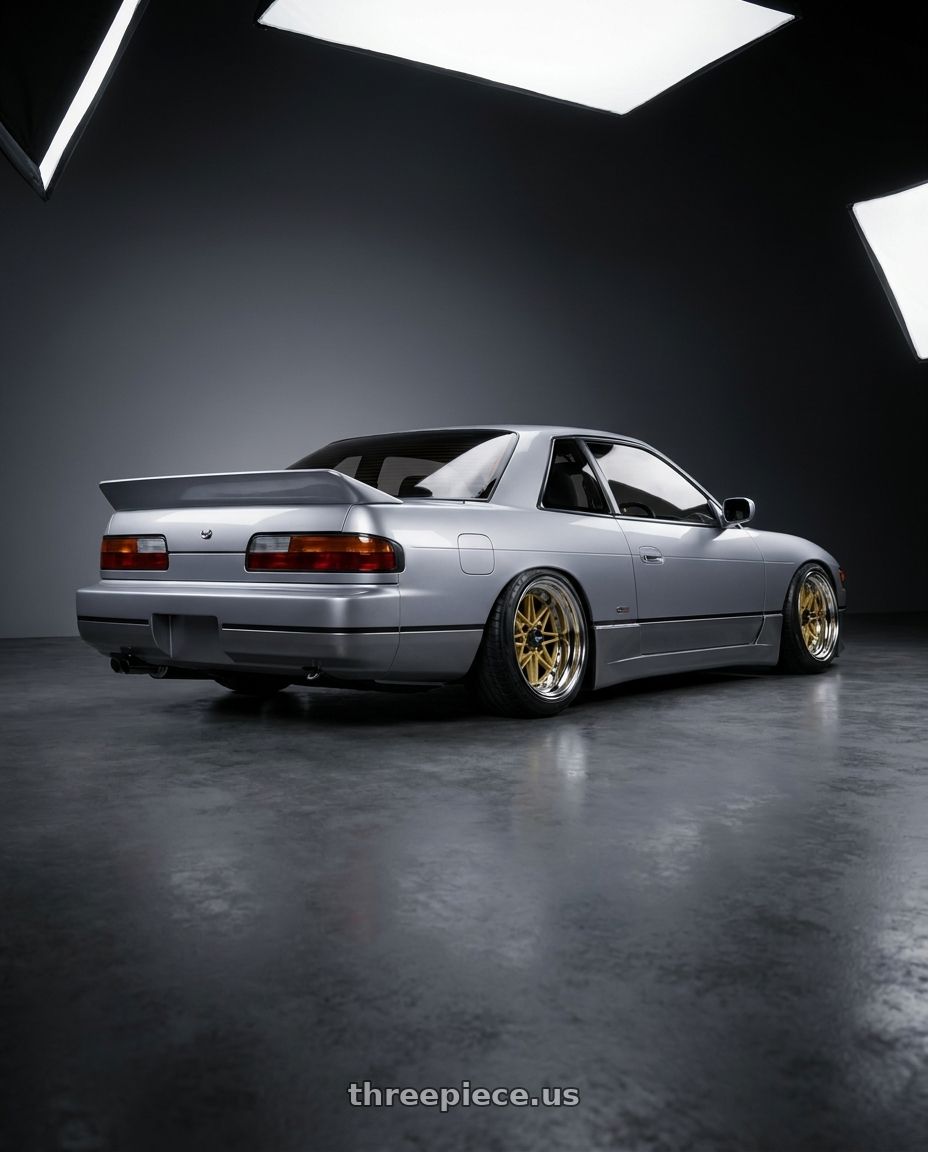 1992 Nissan silvia with WORK Equip 03 4x100 15x13 -6 GOLD wheels rear three quarter view slight stretch tires