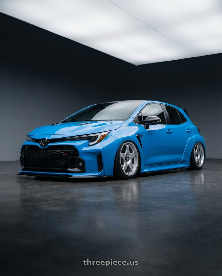 2024 Toyota GR Corolla with fifteen52 CHICANE 5x114.3 / 5x100 18x8.5 +35 SPEED SILVER (GLOSS SILVER) wheels front three quarter view stanced stance