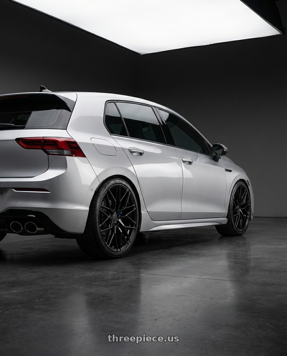 2024 Volkswagen Golf R MK8 with Avant Garde Wheels M520R 5X112 19x8.5 +35 Gloss Black wheels rear three quarter view square tires