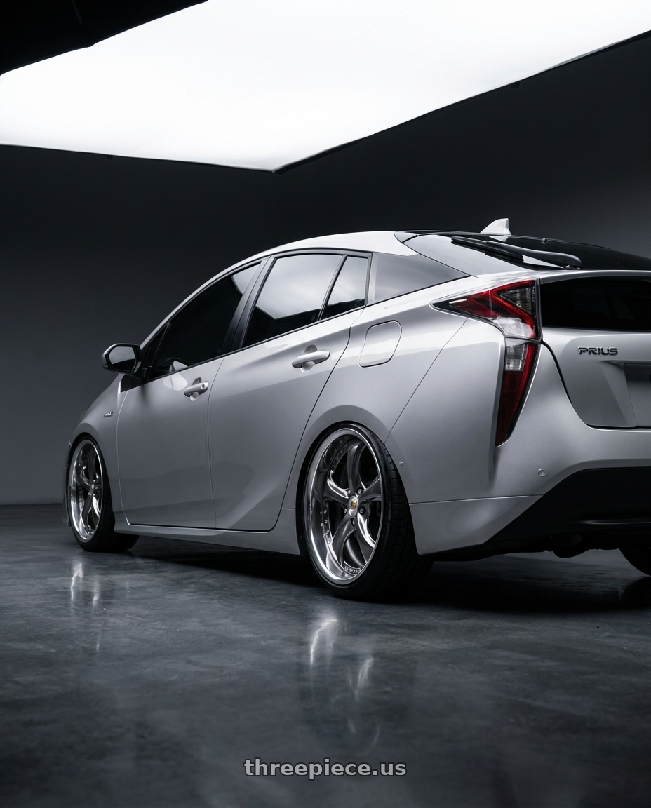 2019 Toyota Prius 4X1 with Work Wheels VS-KF 5X114.3 19x7.5+34 Brilliant Silver Black A Disk FULL REVERSE wheels rear three quarter view slight stretch tires