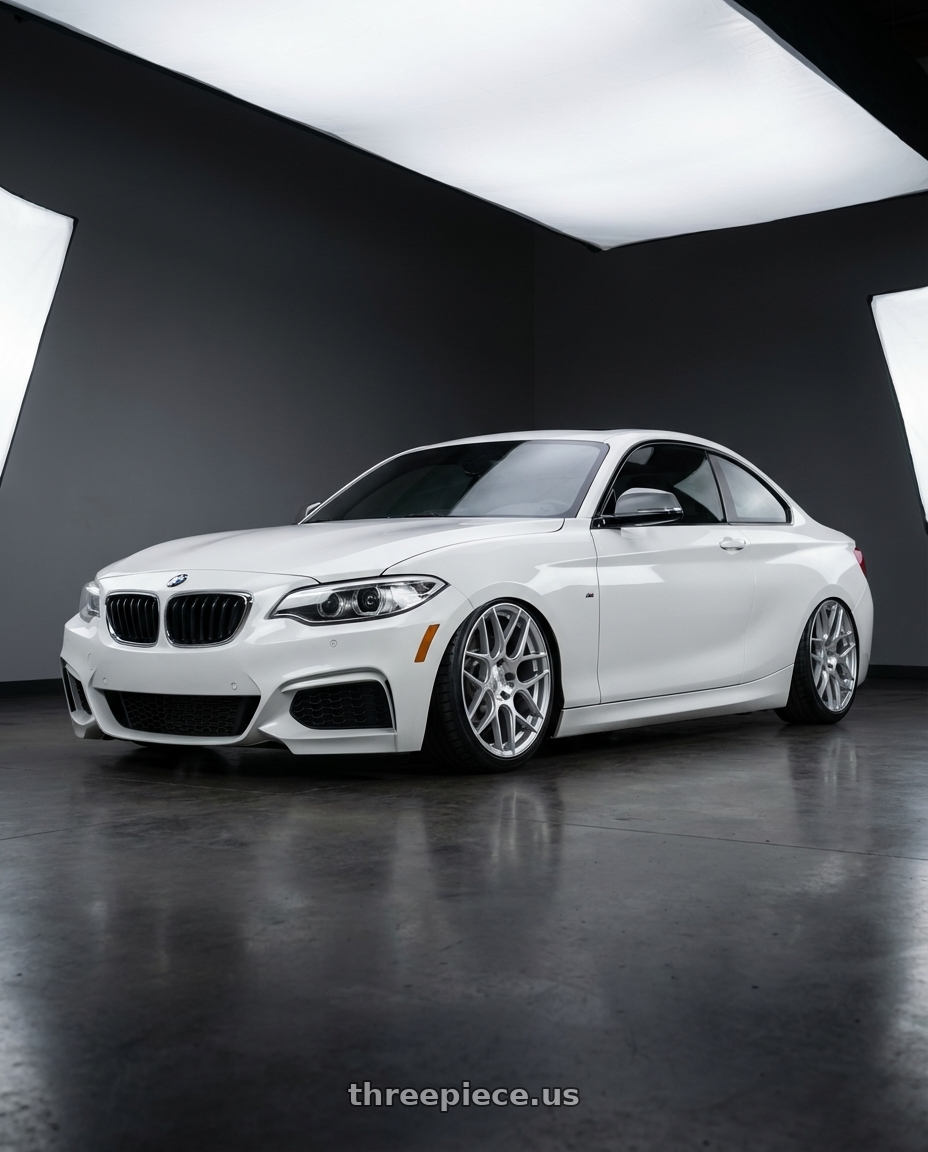 2018 BMW 2 Series F22 with Aodhan AFF2 5x120 19x8.5+35 Gloss Silver Machined Face wheels front three quarter view stanced stance