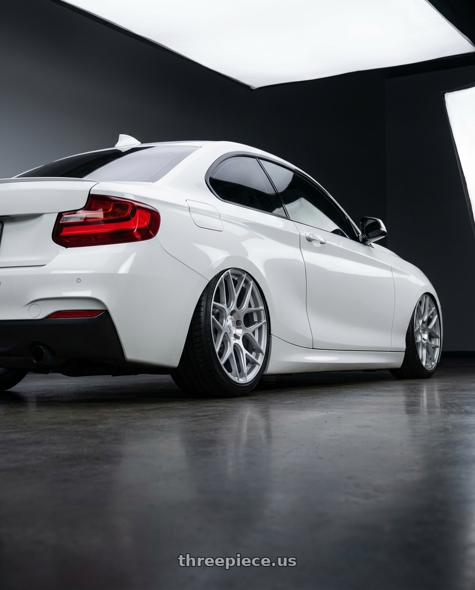 2018 BMW 2 Series F22 with Aodhan AFF2 5x120 19x8.5+35 Gloss Silver Machined Face wheels rear three quarter view slight stretch tires