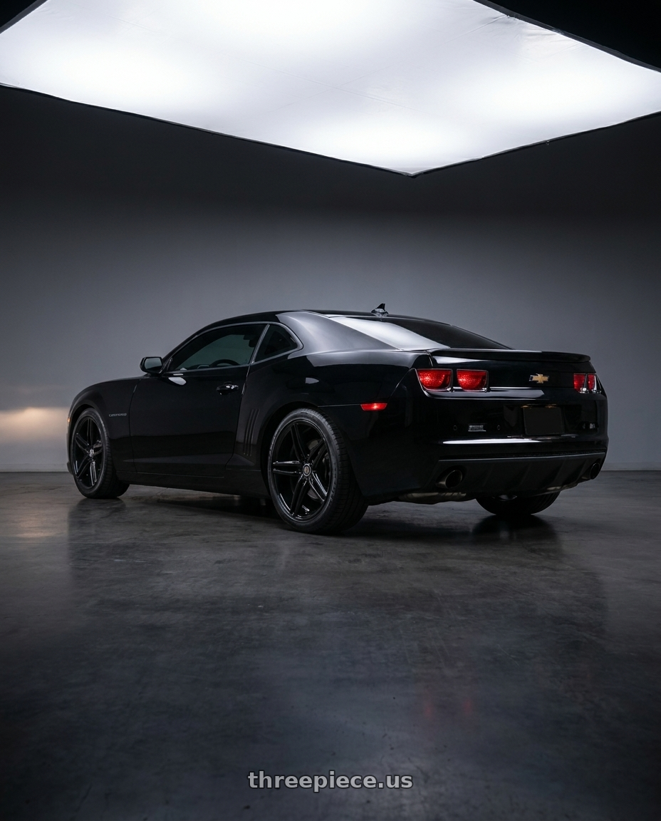 2012 chevy camaro ls with MARQUEE WHEELS M8571 5x120 18x8+33 GLOSS BLACK wheels rear three quarter view square tires