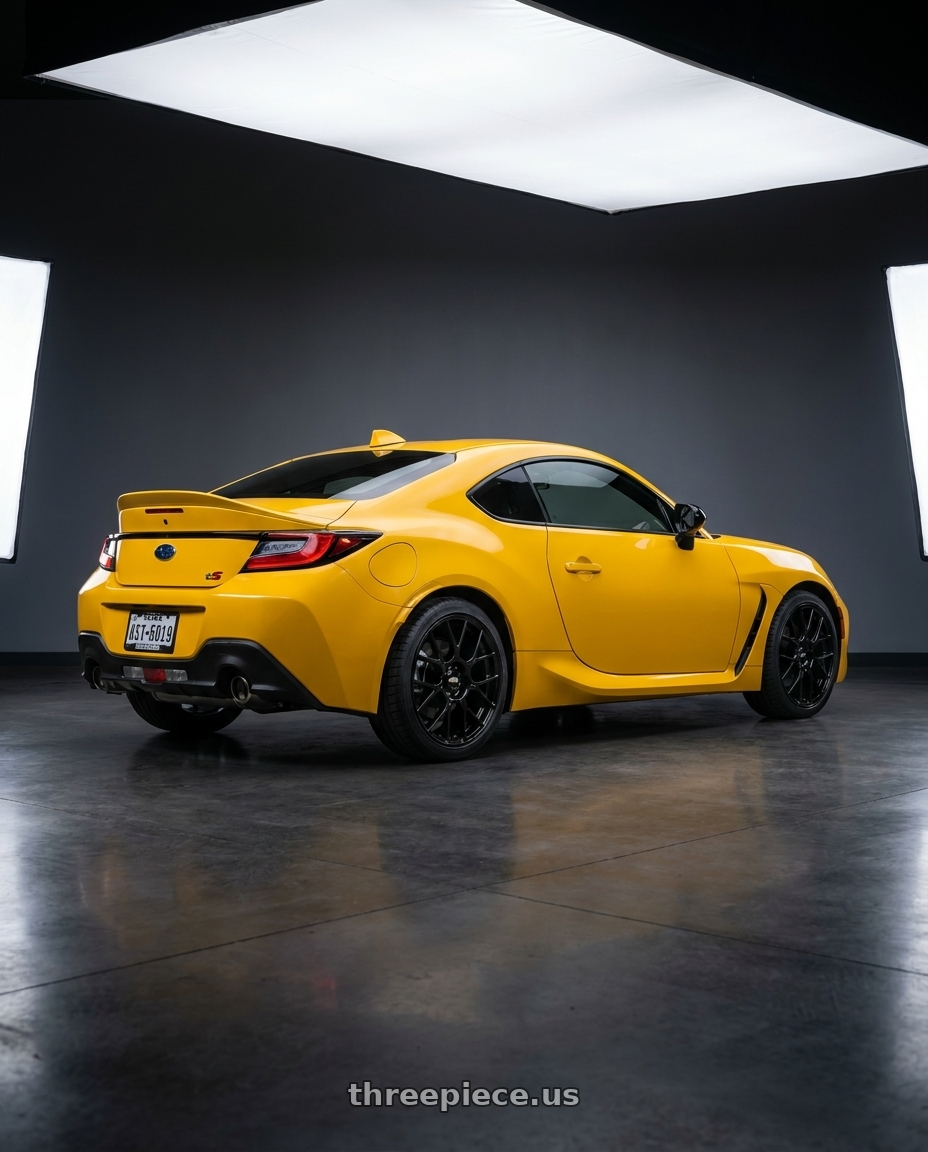 2026 Subaru Brz Ts with BBS XR 5x100 18x8.0+35 Gloss Black wheels rear three quarter view square tires