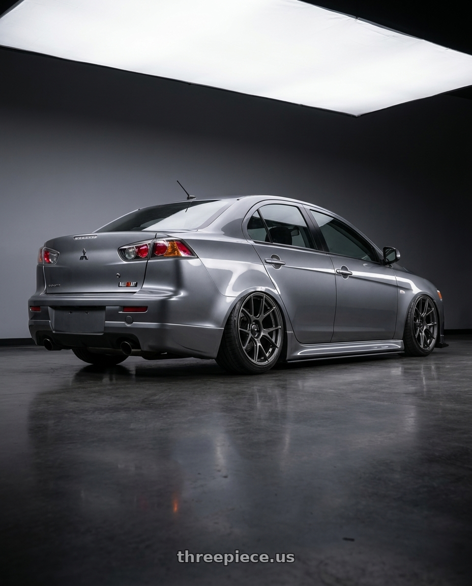2014 Mitsubishi Lancer Ralliart with Konig Ampliform 5x114.3 18x8.5+45 Dark Metallic Graphite wheels rear three quarter view slight stretch tires
