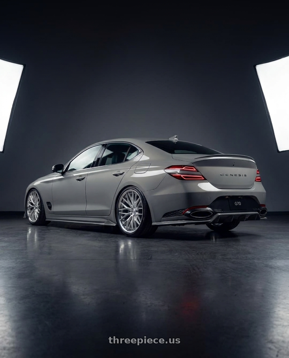 2026 genesis g70 with Rohana RFC3 5x114 19x8.5 +35 Machine Silver wheels rear three quarter view slight stretch tires