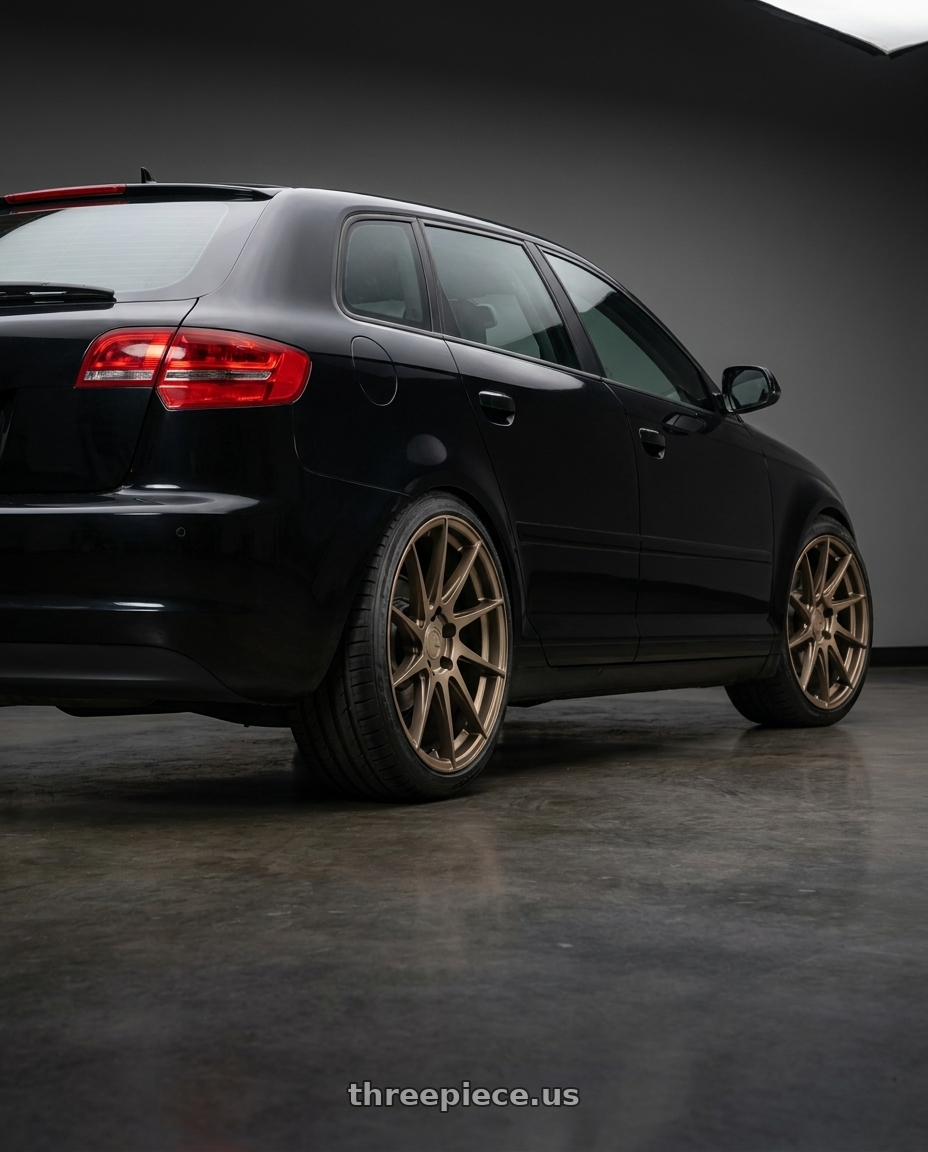 2012 Audi A3 8P with Aodhan AH09 5x112 18x9.5 +35 Matte Bronze wheels rear three quarter view square tires