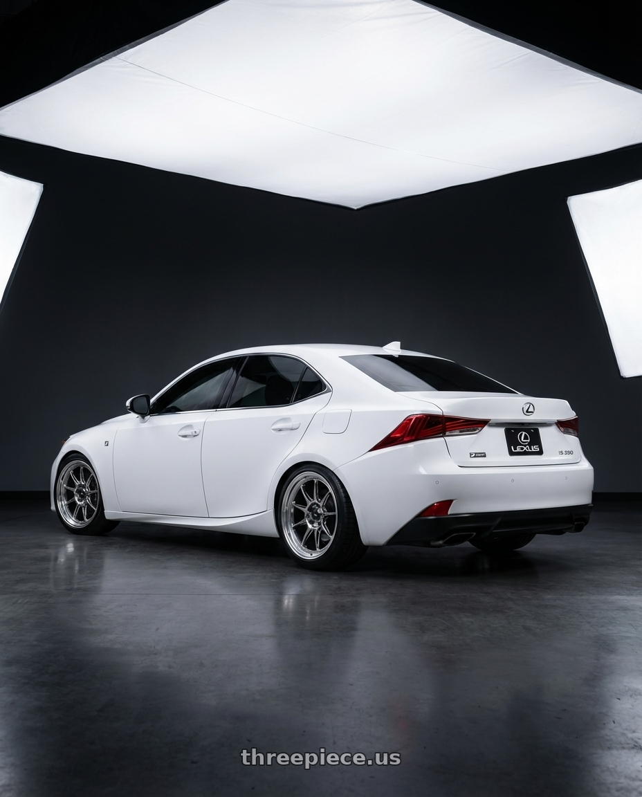 2018 Lexus IS 350 F Sport with Konig Countergram 5x114.3 19x8.5+35 Hyper Chrome / Machined Lip wheels rear three quarter view square tires