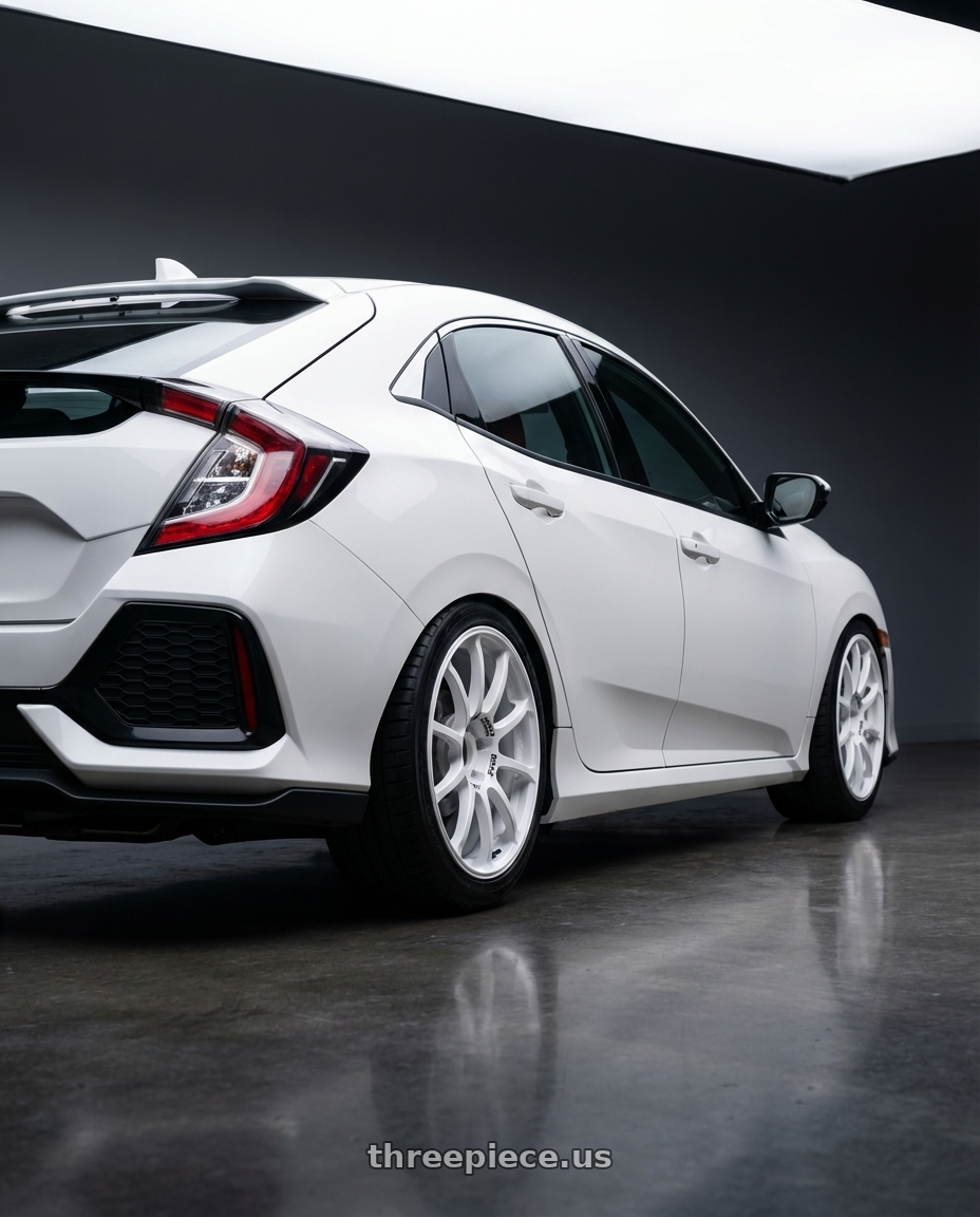 2019 Honda Civic with Advan RCIII 5x114.3 18x7.5+45 White wheels rear three quarter view square tires
