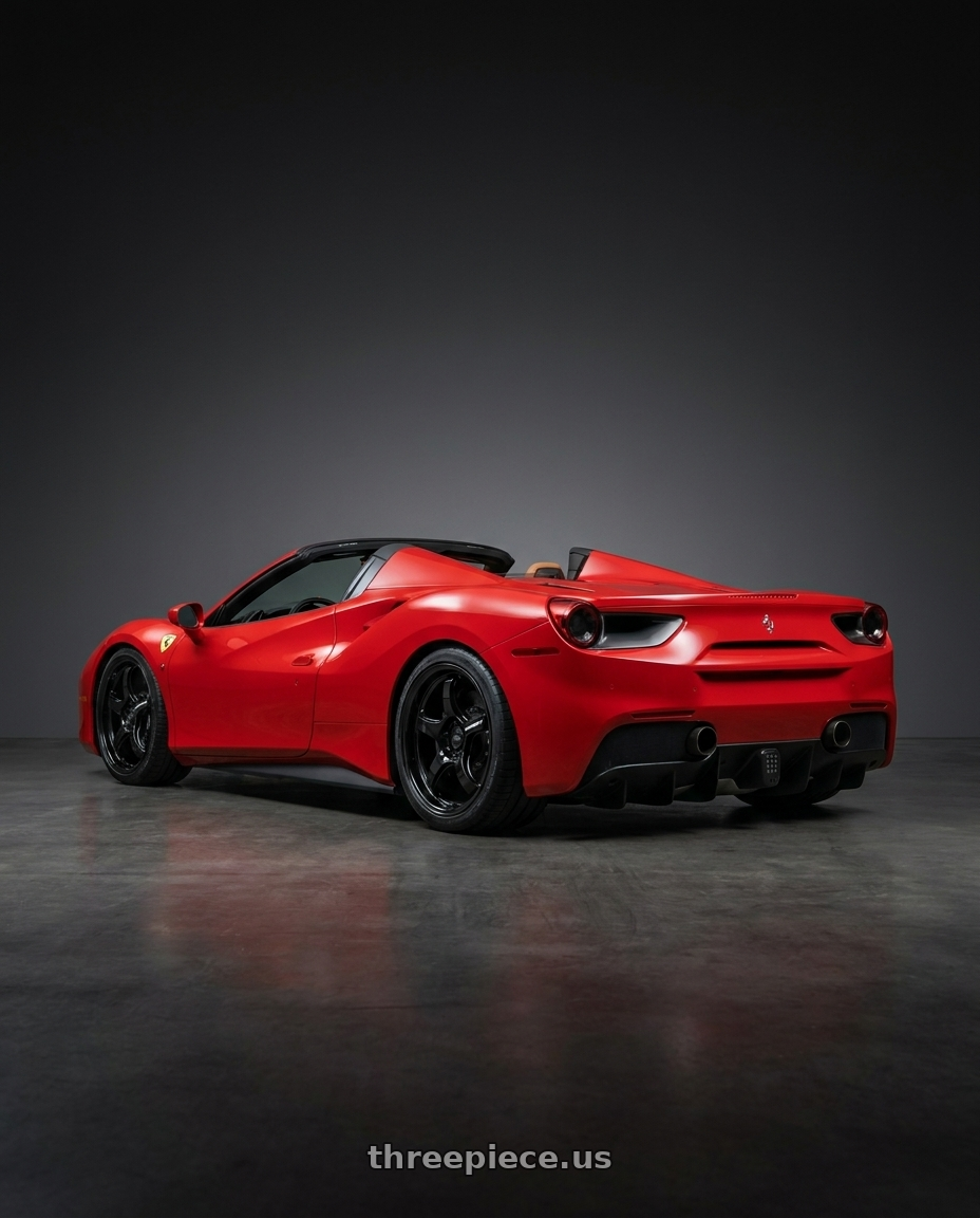 2018 488 Spider with WedsSport RN-05M 5x120 18x9.5+36 Gloss Black wheels rear three quarter view square tires