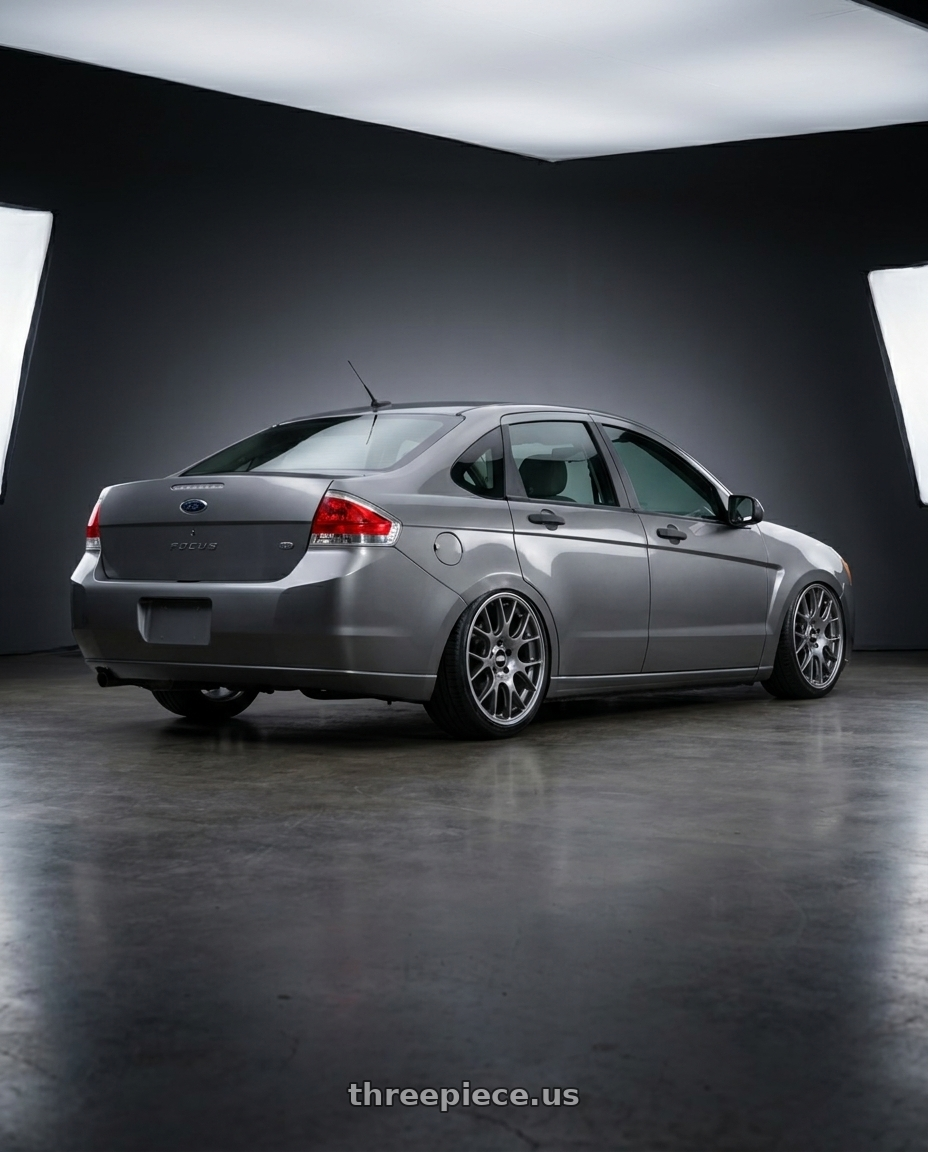 2008 Ford focus with BBS CH-R 5x112 18x8.5 +38 Satin Titanium Polished Rim Protector wheels rear three quarter view slight stretch tires