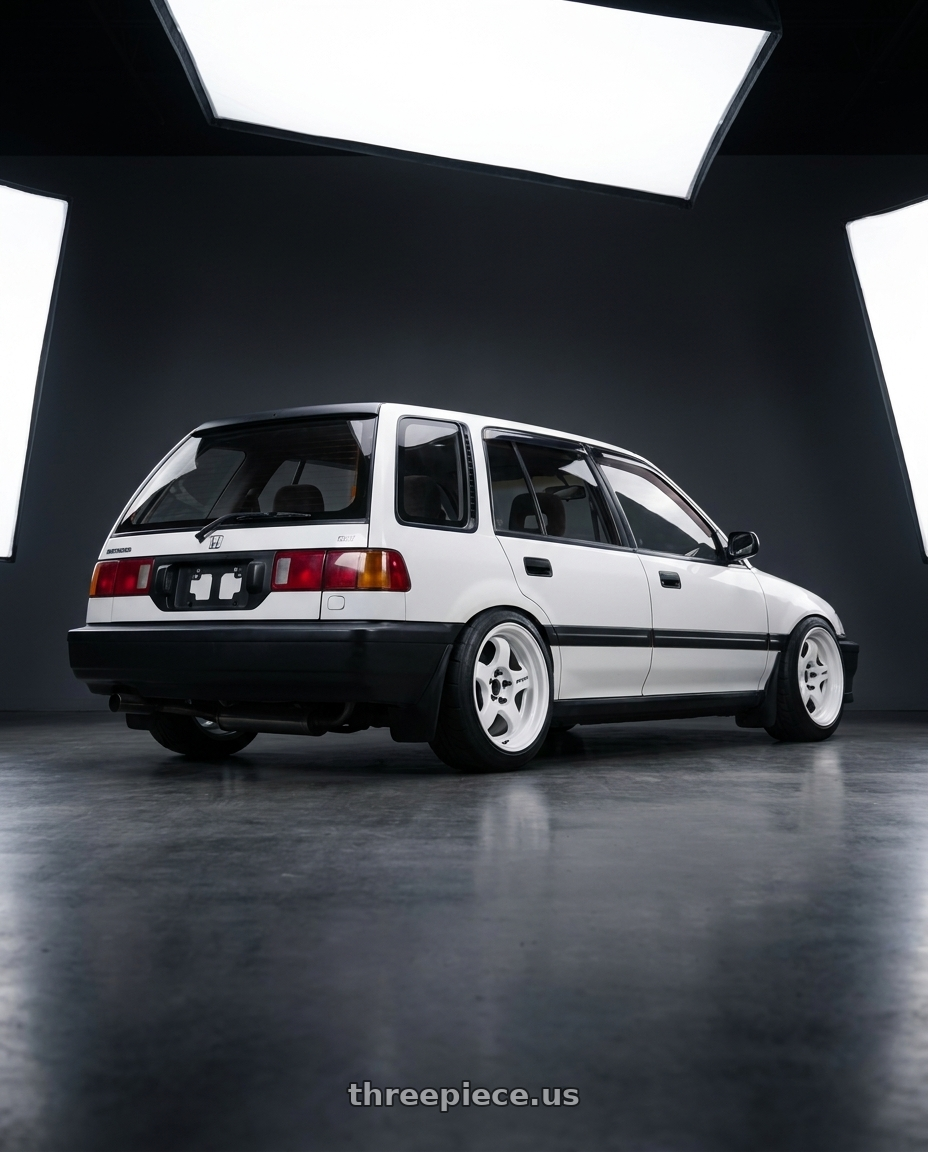 1991 Honda Civic Wagon with Work Meister S1 2P 4x100 15x6.5+38 A Disk White wheels rear three quarter view meaty tires