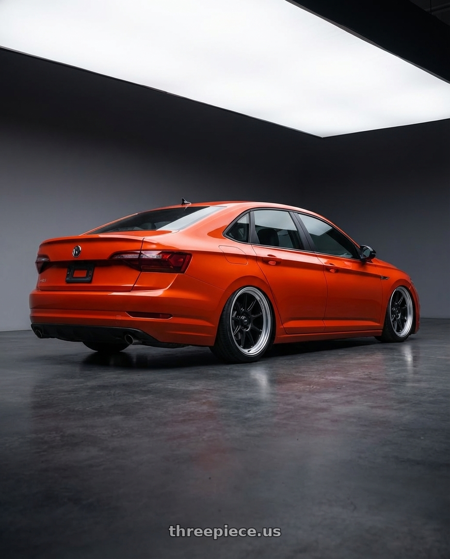 2023 Volkswagen Jetta GLI MK7 with Konig Countergram 5x112 19x11+40 Matte Black / Matte Machined Lip wheels rear three quarter view slight stretch tires