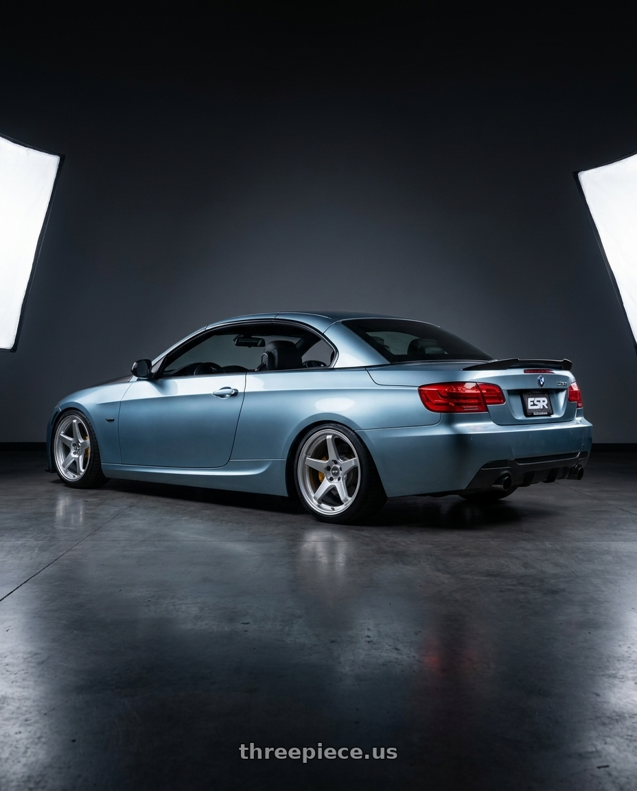 2009 BMW 335 with ESR Wheels APX5C 5x120 19x9.5 +35 Hyper Silver wheels rear three quarter view square tires