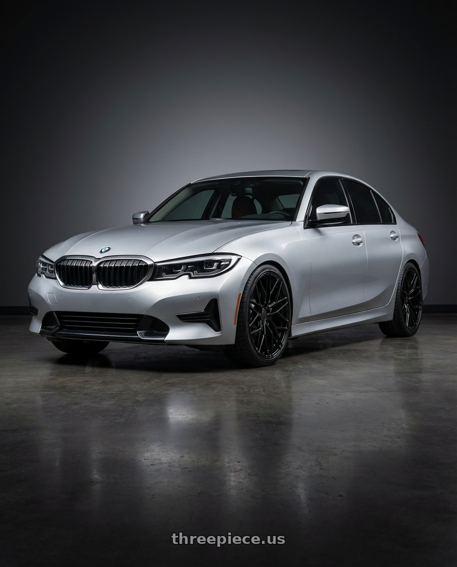 2023 BMW 3 Series G20 with Avant Garde Wheels M520R 5X112 19x9.5 +40 Gloss Black wheels front three quarter view lowered stance