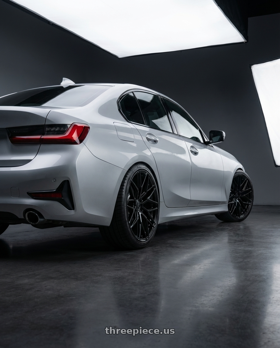 2023 BMW 3 Series G20 with Avant Garde Wheels M520R 5X112 19x9.5 +40 Gloss Black wheels rear three quarter view square tires