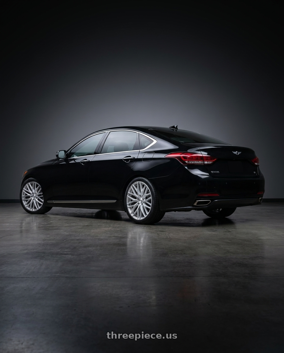 2016 Hyundai Genesis 3 8 with Petrol P3E 5x114.3 19x8.5 +40 Machined Brushed Gloss Silver wheels rear three quarter view square tires