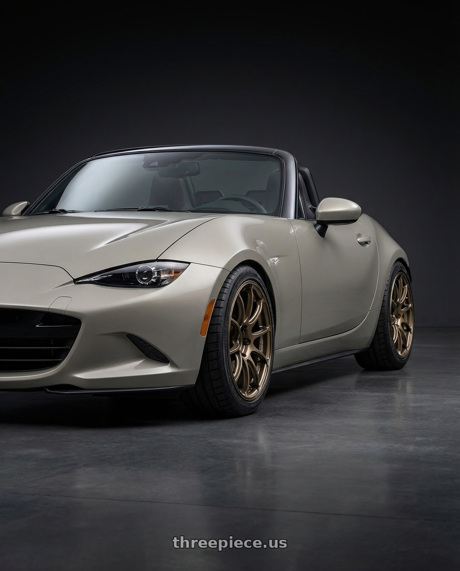 2021 Mazda MX-5 Miata ND with Advan RZ II 5x114.3 17x9.0+63 Racing Bronze wheels front three quarter view lowered stance