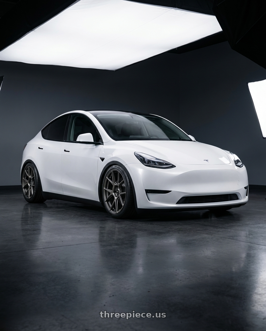 2024 Tesla Model Y with Konig Ampliform 5x114.3 20x8.5+30 Dark Metallic Graphite wheels front three quarter view stanced stance