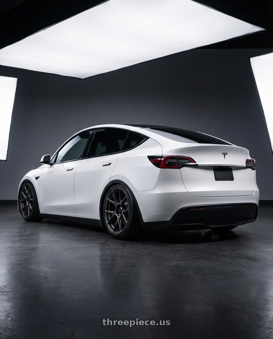 2024 Tesla Model Y with Konig Ampliform 5x114.3 20x8.5+30 Dark Metallic Graphite wheels rear three quarter view slight stretch tires