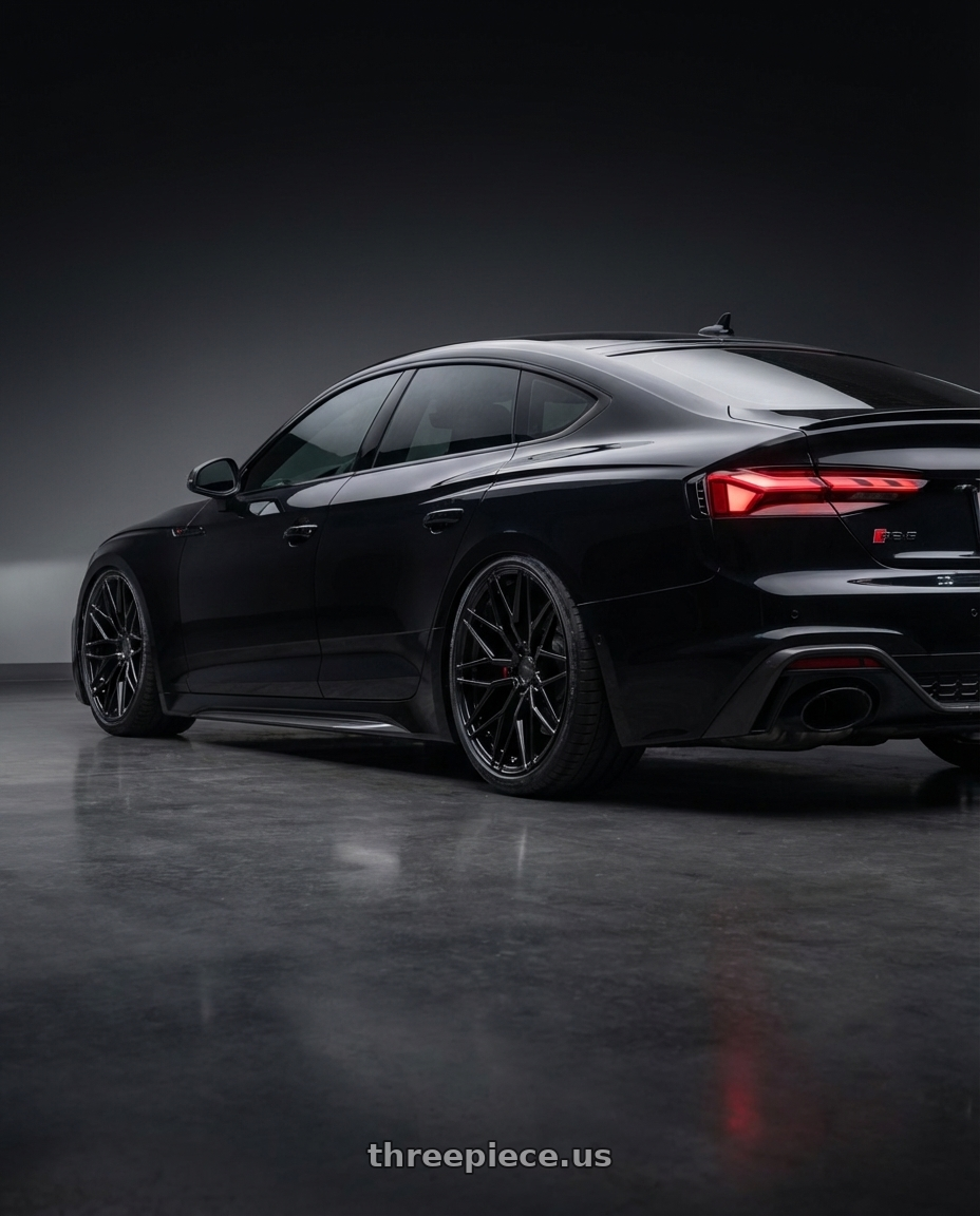 2022 Audi RS5 with Avant Garde Wheels M520R 5X112 20x10 +25 Gloss Black wheels rear three quarter view slight stretch tires