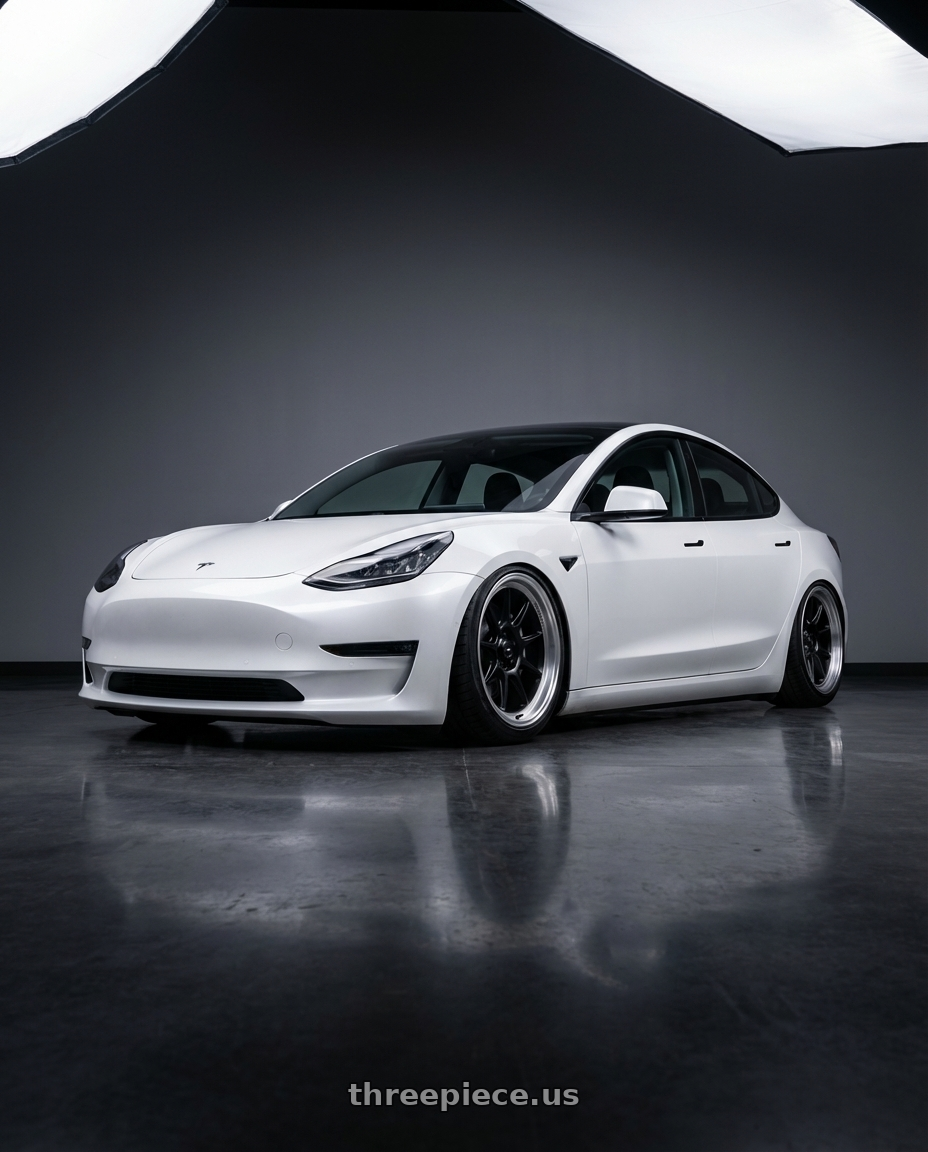 2023 Tesla Model 3 with Konig Countergram 5x114.3 19x9.5+25 Matte Black / Matte Machined Lip wheels