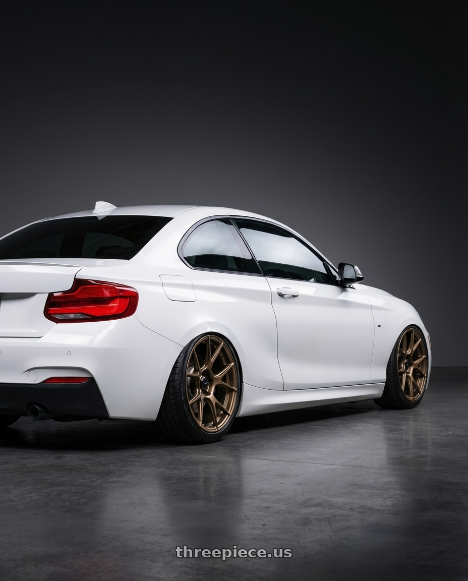 2018 BMW 2 Series F22 with Konig Ampliform 5x120 19x10+28 Gloss Bronze wheels rear three quarter view slight stretch tires